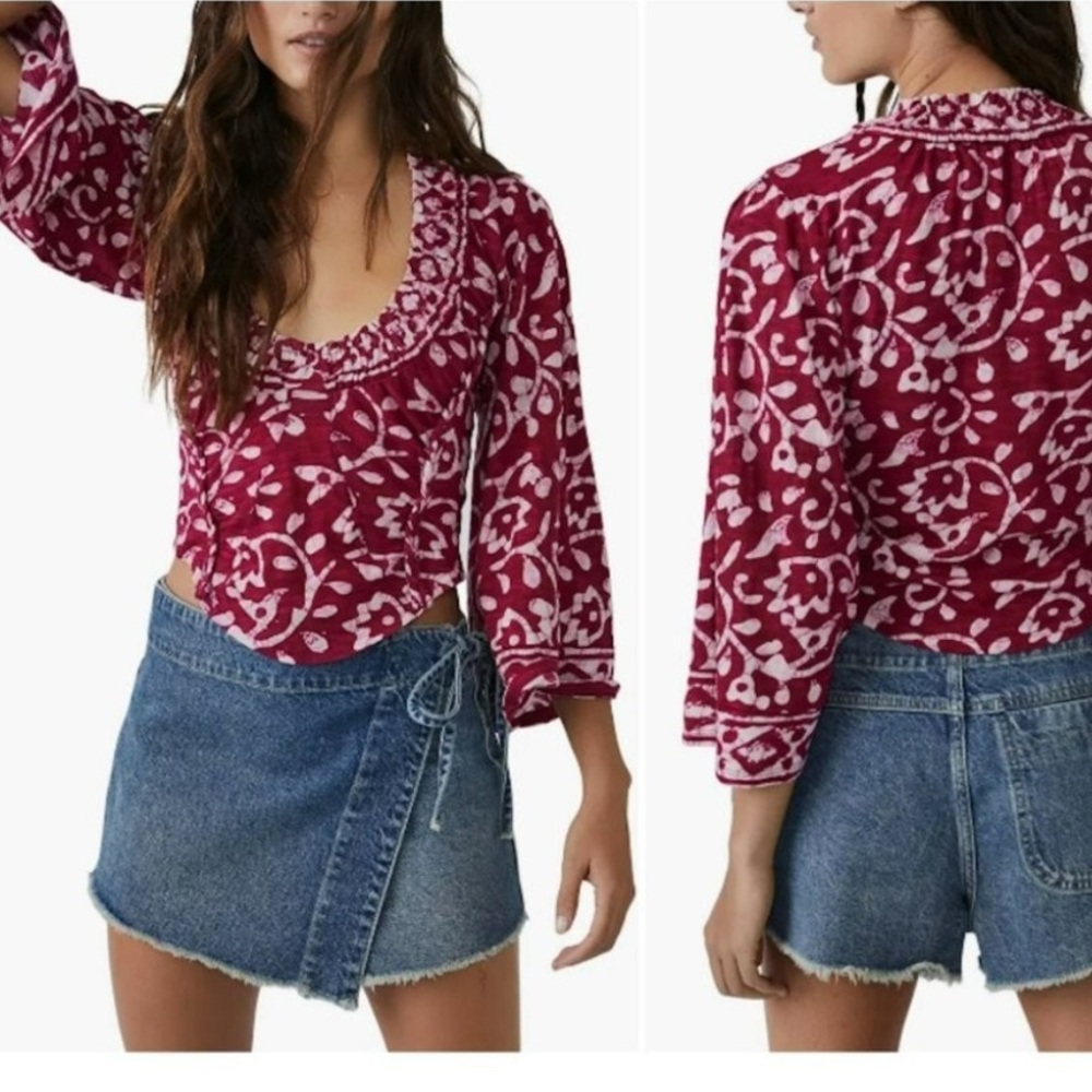 EUC Free People Women's On the Block Bell Sleeve Top - Berry Combo Size L